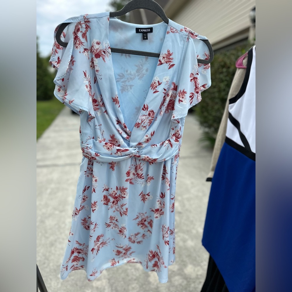 Express Blue and Pink Wrap Maxi Dress with Flutter Sleeves